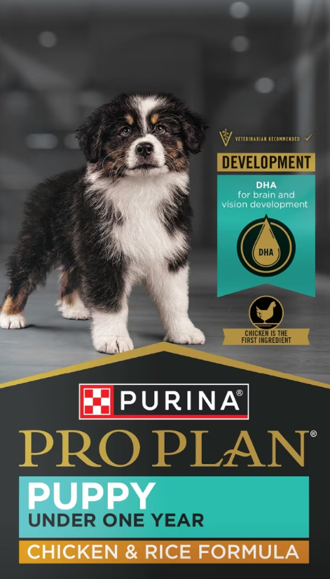 Purina Pro Plan Puppy Under One Year Chicken and Rice Formula dog food bag